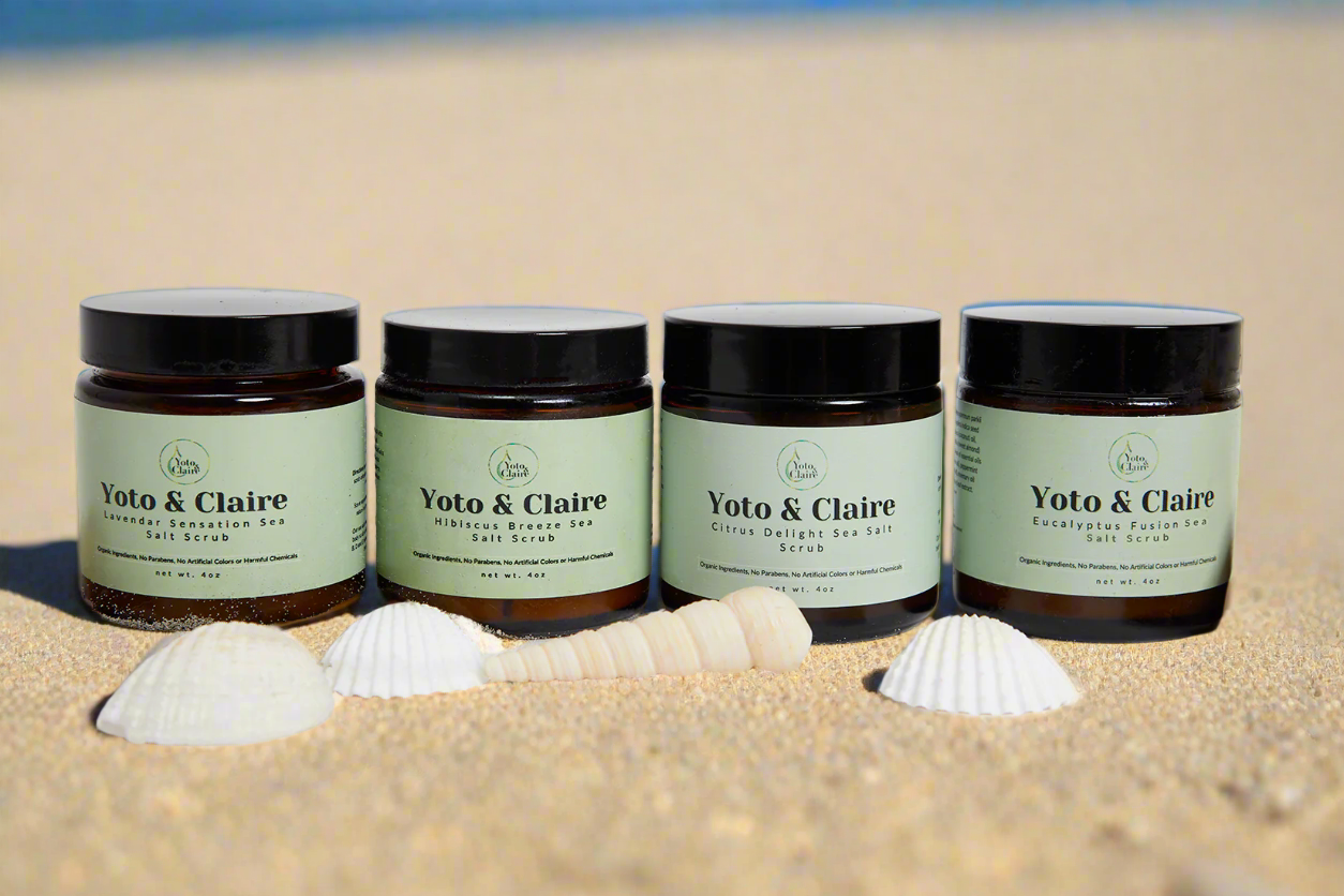 Seal Salt Scrub Jars on beach sand